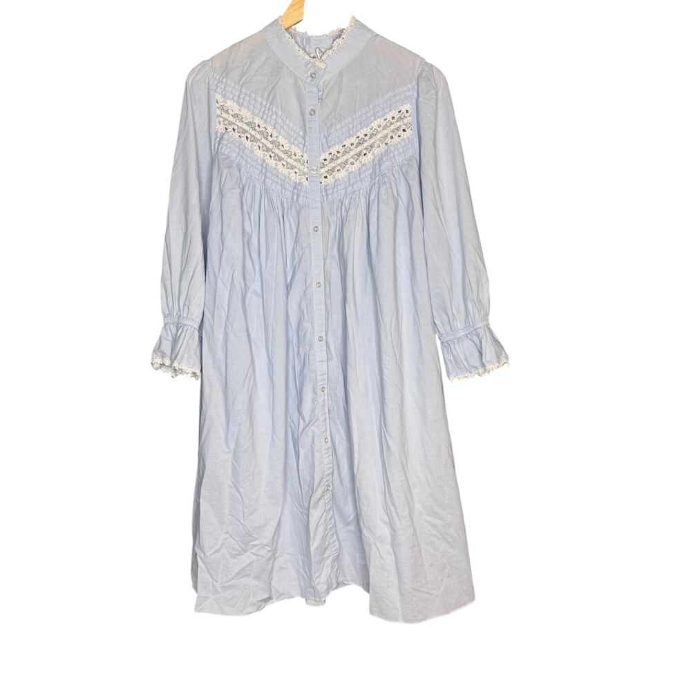 Vintage Laura Adams Housedress Housecoat Blue Cotton Lace Trim Gown Large
